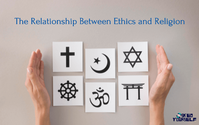 An image showing religious symbols from different faiths merged with ethical principles, highlighting the relationship between ethics and religion.